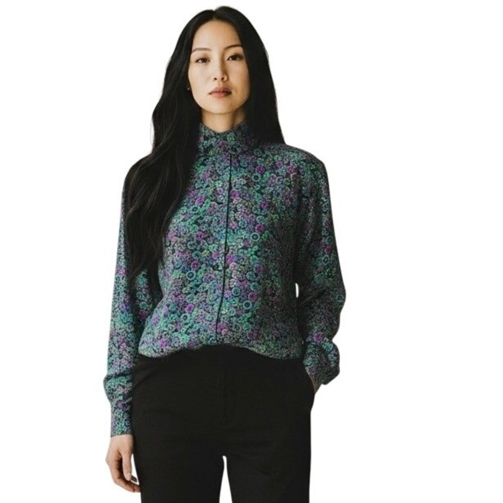 Anne Klein‎ Womens Shirt Vintage Floral Print High Neck Long Sleeve Button Down